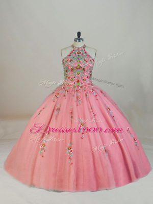 Suitable Lace Up Quinceanera Gowns Pink for Sweet 16 and Quinceanera with Appliques and Embroidery Brush Train