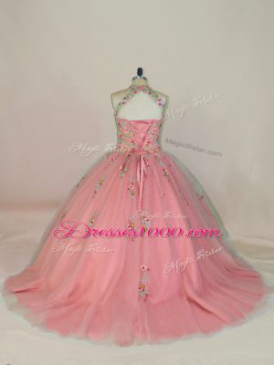 Suitable Lace Up Quinceanera Gowns Pink for Sweet 16 and Quinceanera with Appliques and Embroidery Brush Train