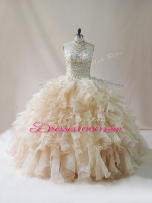 Floor Length Champagne Quinceanera Gowns Organza Sleeveless Beading and Ruffles