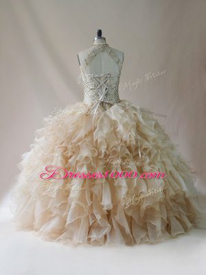 Floor Length Champagne Quinceanera Gowns Organza Sleeveless Beading and Ruffles