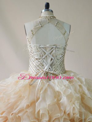 Floor Length Champagne Quinceanera Gowns Organza Sleeveless Beading and Ruffles