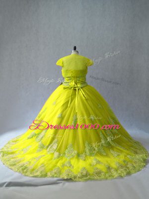 Sumptuous Tulle Sleeveless 15th Birthday Dress Court Train and Appliques