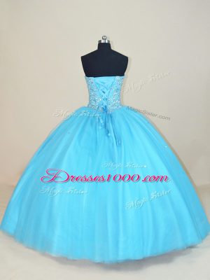 Stylish Sleeveless Floor Length Beading Lace Up Vestidos de Quinceanera with Aqua Blue