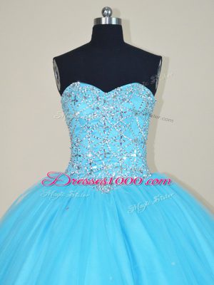 Stylish Sleeveless Floor Length Beading Lace Up Vestidos de Quinceanera with Aqua Blue