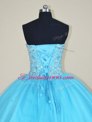 Stylish Sleeveless Floor Length Beading Lace Up Vestidos de Quinceanera with Aqua Blue