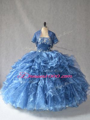Free and Easy Sleeveless Organza Floor Length Side Zipper Quinceanera Gowns in Blue with Beading and Ruffles