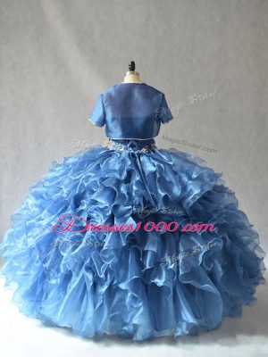 Free and Easy Sleeveless Organza Floor Length Side Zipper Quinceanera Gowns in Blue with Beading and Ruffles