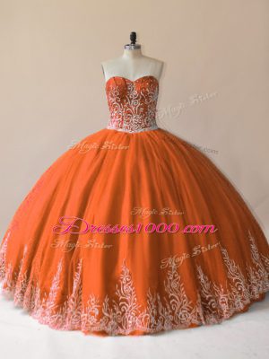 Tulle Sweetheart Sleeveless Lace Up Embroidery 15th Birthday Dress in Orange