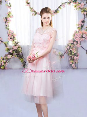 Exquisite Sleeveless Tea Length Appliques and Belt Lace Up Bridesmaid Dresses with Baby Pink