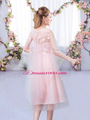 Exquisite Sleeveless Tea Length Appliques and Belt Lace Up Bridesmaid Dresses with Baby Pink