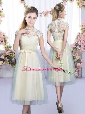 Champagne Cap Sleeves Lace and Bowknot Tea Length Quinceanera Court Dresses
