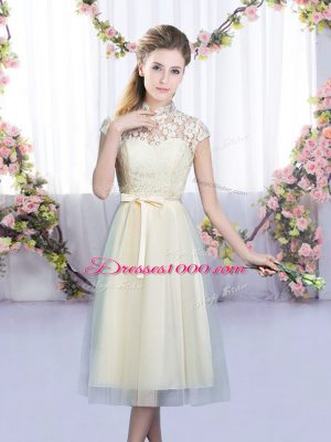 Champagne Cap Sleeves Lace and Bowknot Tea Length Quinceanera Court Dresses