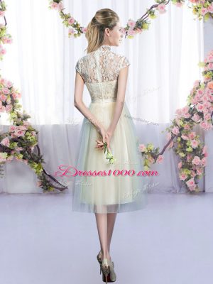 Champagne Cap Sleeves Lace and Bowknot Tea Length Quinceanera Court Dresses