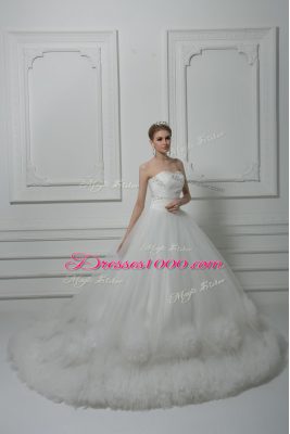 White Ball Gowns Tulle Sweetheart Sleeveless Beading and Hand Made Flower Lace Up Wedding Dresses Court Train