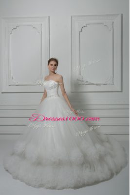 White Ball Gowns Tulle Sweetheart Sleeveless Beading and Hand Made Flower Lace Up Wedding Dresses Court Train