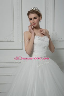 White Ball Gowns Tulle Sweetheart Sleeveless Beading and Hand Made Flower Lace Up Wedding Dresses Court Train