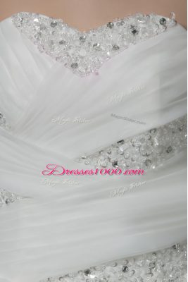 White Ball Gowns Tulle Sweetheart Sleeveless Beading and Hand Made Flower Lace Up Wedding Dresses Court Train