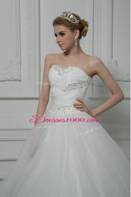 White Ball Gowns Tulle Sweetheart Sleeveless Beading and Hand Made Flower Lace Up Wedding Dresses Court Train