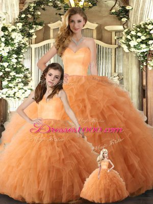 Sleeveless Tulle Floor Length Lace Up Sweet 16 Quinceanera Dress in Orange with Ruffles