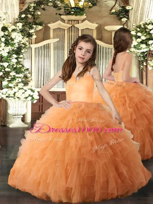 Sleeveless Tulle Floor Length Lace Up Sweet 16 Quinceanera Dress in Orange with Ruffles