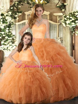 Sleeveless Tulle Floor Length Lace Up Sweet 16 Quinceanera Dress in Orange with Ruffles