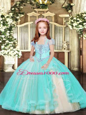 New Arrival Aqua Blue Lace Up Straps Beading Child Pageant Dress Tulle Sleeveless