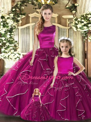 Low Price Fuchsia Ball Gowns Tulle Scoop Sleeveless Ruffles Floor Length Lace Up Quinceanera Gowns