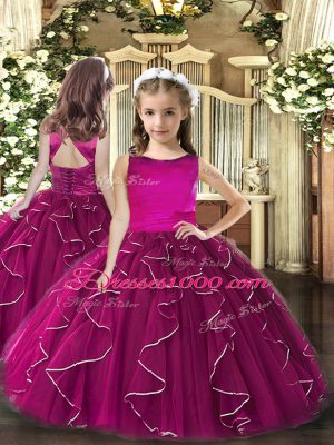 Low Price Fuchsia Ball Gowns Tulle Scoop Sleeveless Ruffles Floor Length Lace Up Quinceanera Gowns