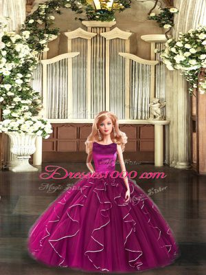 Low Price Fuchsia Ball Gowns Tulle Scoop Sleeveless Ruffles Floor Length Lace Up Quinceanera Gowns