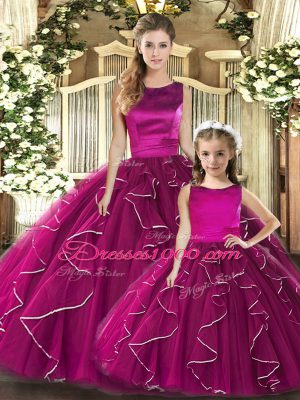 Low Price Fuchsia Ball Gowns Tulle Scoop Sleeveless Ruffles Floor Length Lace Up Quinceanera Gowns