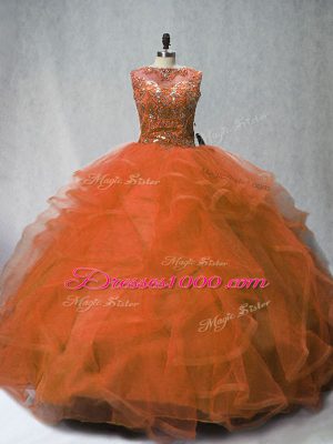Admirable Rust Red Ball Gown Prom Dress Sleeveless Brush Train Lace Up