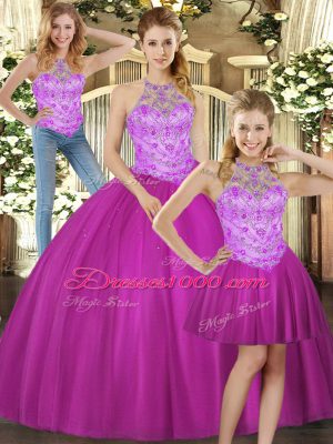 Fuchsia Lace Up Quinceanera Gowns Beading Sleeveless Floor Length