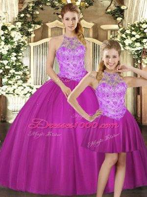 Fuchsia Lace Up Quinceanera Gowns Beading Sleeveless Floor Length