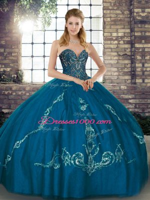 Adorable Sleeveless Tulle Floor Length Lace Up Quinceanera Gowns in Blue with Beading and Embroidery