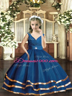 V-neck Sleeveless Little Girl Pageant Gowns Floor Length Beading Navy Blue Organza