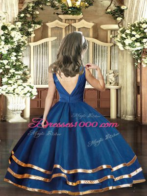 V-neck Sleeveless Little Girl Pageant Gowns Floor Length Beading Navy Blue Organza