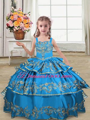 Customized Blue Sleeveless Satin Lace Up Kids Formal Wear for Wedding Party