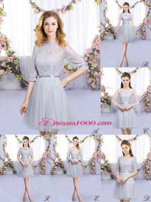 Romantic Grey Tulle Zipper Dama Dress for Quinceanera Half Sleeves Mini Length Lace and Belt