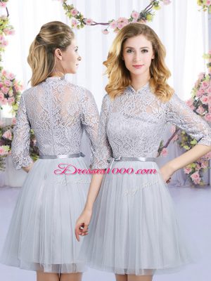 Romantic Grey Tulle Zipper Dama Dress for Quinceanera Half Sleeves Mini Length Lace and Belt