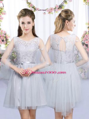 Romantic Grey Tulle Zipper Dama Dress for Quinceanera Half Sleeves Mini Length Lace and Belt