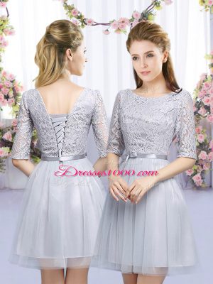 Romantic Grey Tulle Zipper Dama Dress for Quinceanera Half Sleeves Mini Length Lace and Belt