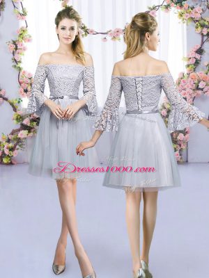 Romantic Grey Tulle Zipper Dama Dress for Quinceanera Half Sleeves Mini Length Lace and Belt