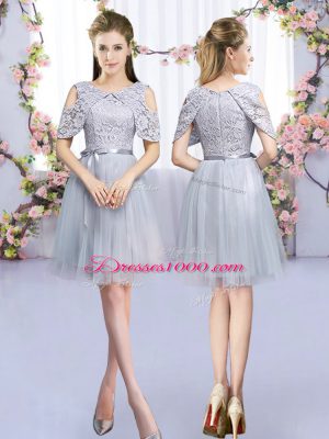 Romantic Grey Tulle Zipper Dama Dress for Quinceanera Half Sleeves Mini Length Lace and Belt