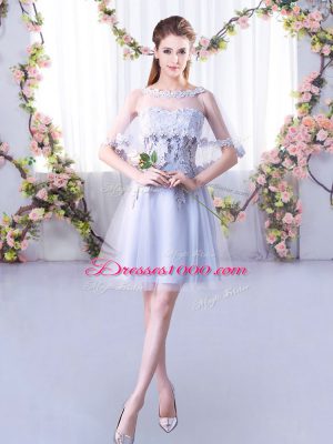 Luxury Grey A-line Lace Wedding Guest Dresses Lace Up Tulle Sleeveless Mini Length