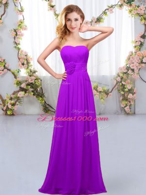 Sleeveless Chiffon Floor Length Lace Up Bridesmaid Gown in Purple with Hand Made Flower