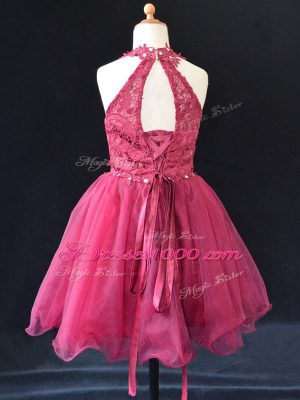 Super Hot Pink A-line Beading and Lace Flower Girl Dress Lace Up Organza Sleeveless Mini Length