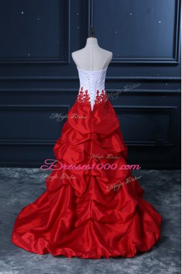 Smart Sleeveless High Low Lace and Appliques and Pick Ups Lace Up Pageant Dress for Teens with White And Red