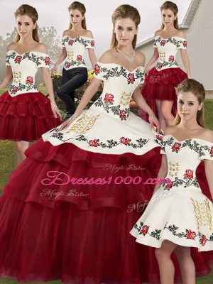 Off The Shoulder Sleeveless 15 Quinceanera Dress Brush Train Embroidery and Ruffled Layers Wine Red Tulle