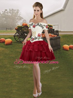 Off The Shoulder Sleeveless 15 Quinceanera Dress Brush Train Embroidery and Ruffled Layers Wine Red Tulle