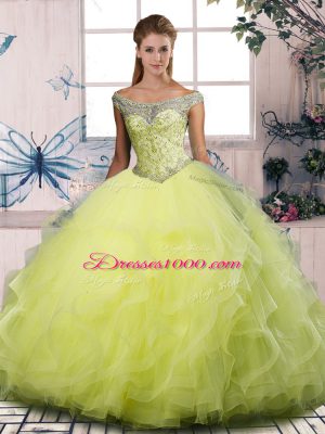 Fashion Off The Shoulder Sleeveless Ball Gown Prom Dress Floor Length Beading and Ruffles Yellow Green Tulle